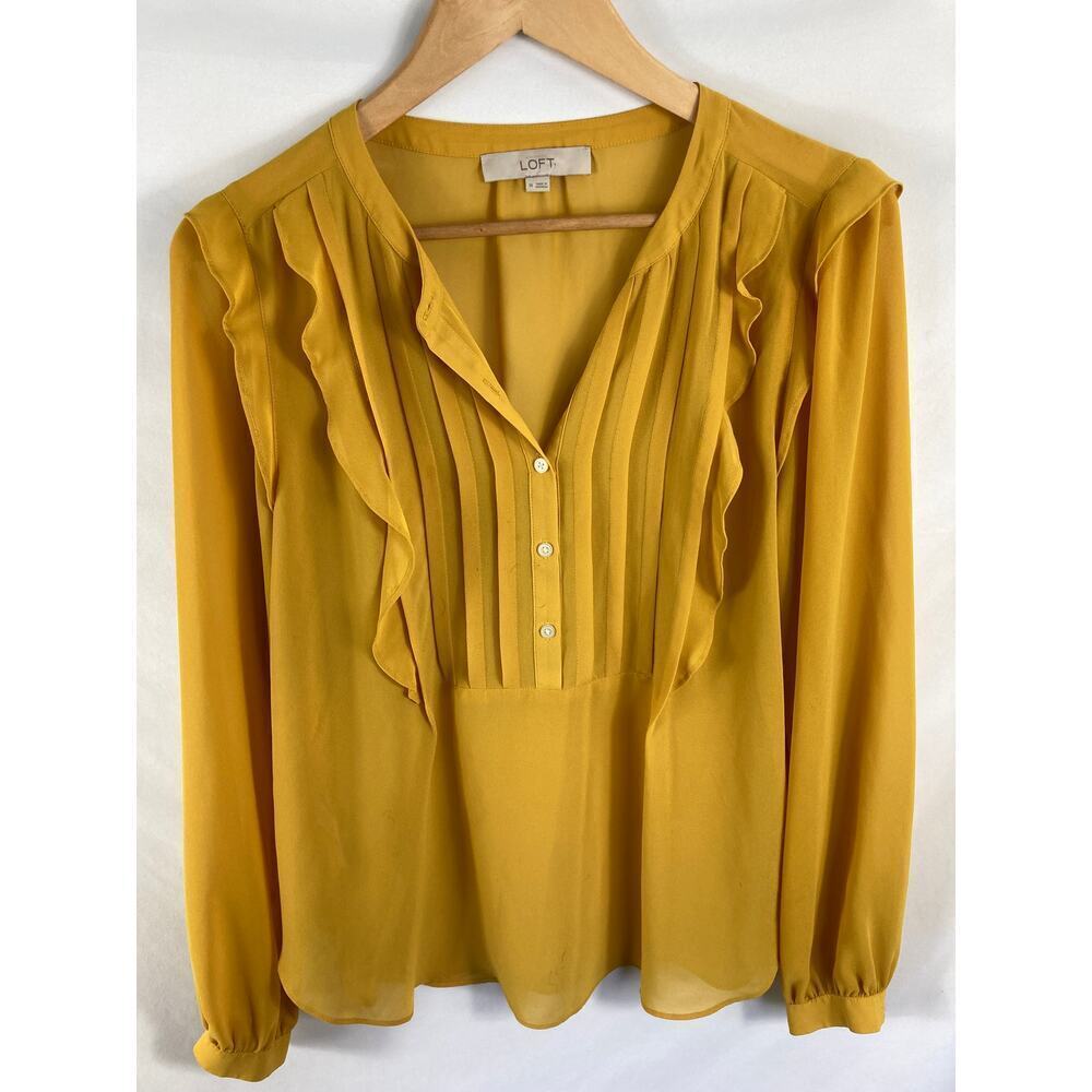 Ann Taylor LOFT Yellow Long Sleeve Ruffle Detail Blouse Size Medium